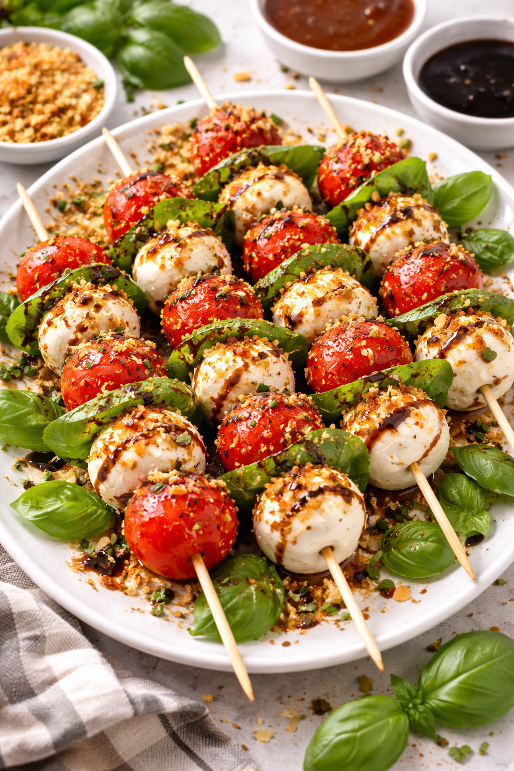 Brochetas caprese con toque crujiente