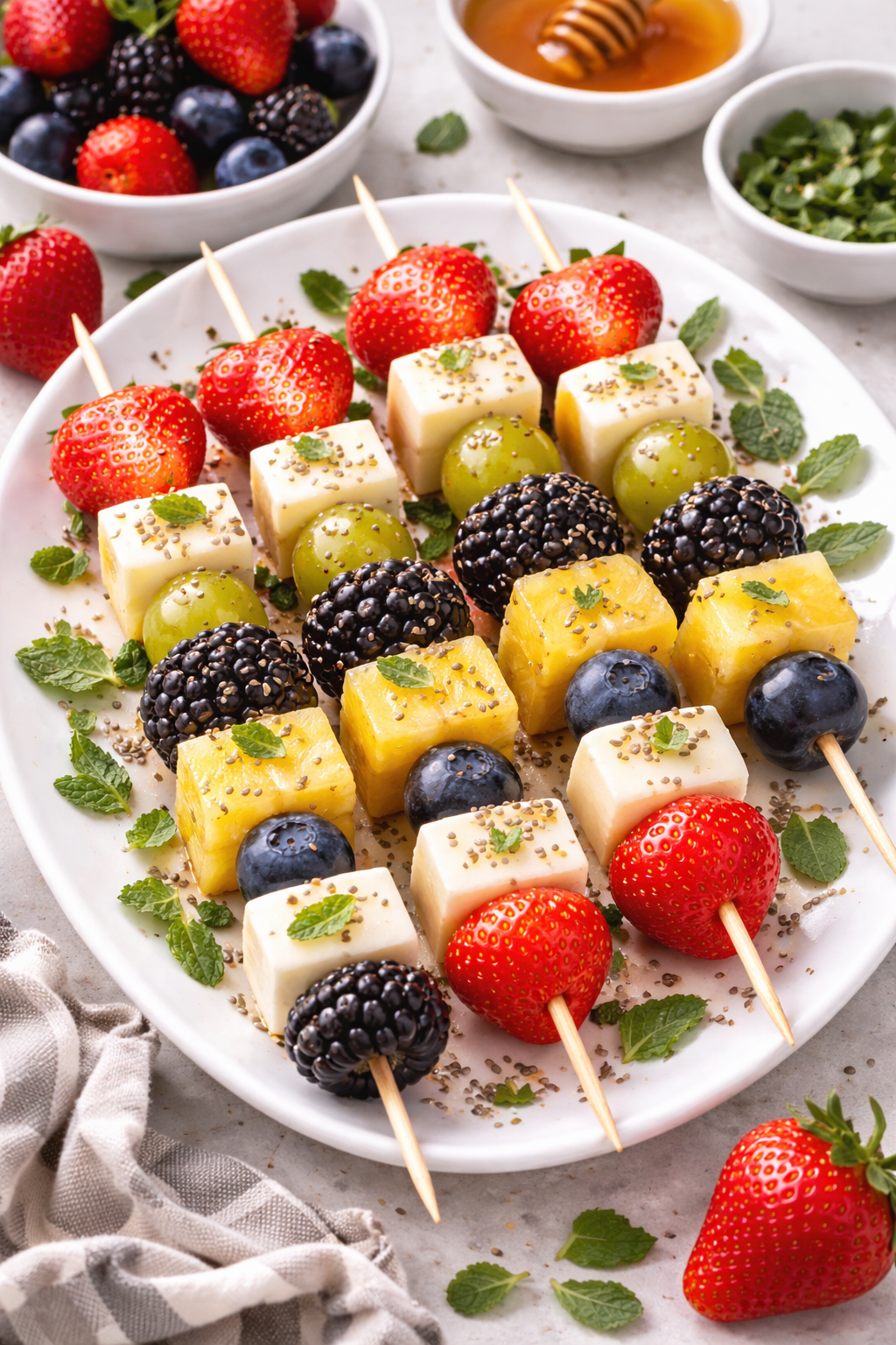 Mini brochetas conscientes de queso y fruta