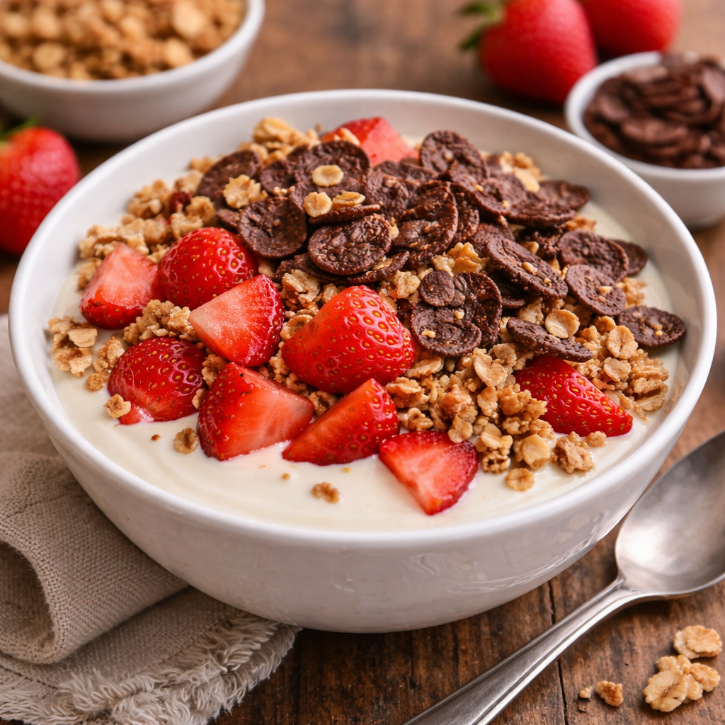 Yogurt con granola, fresas y cereal